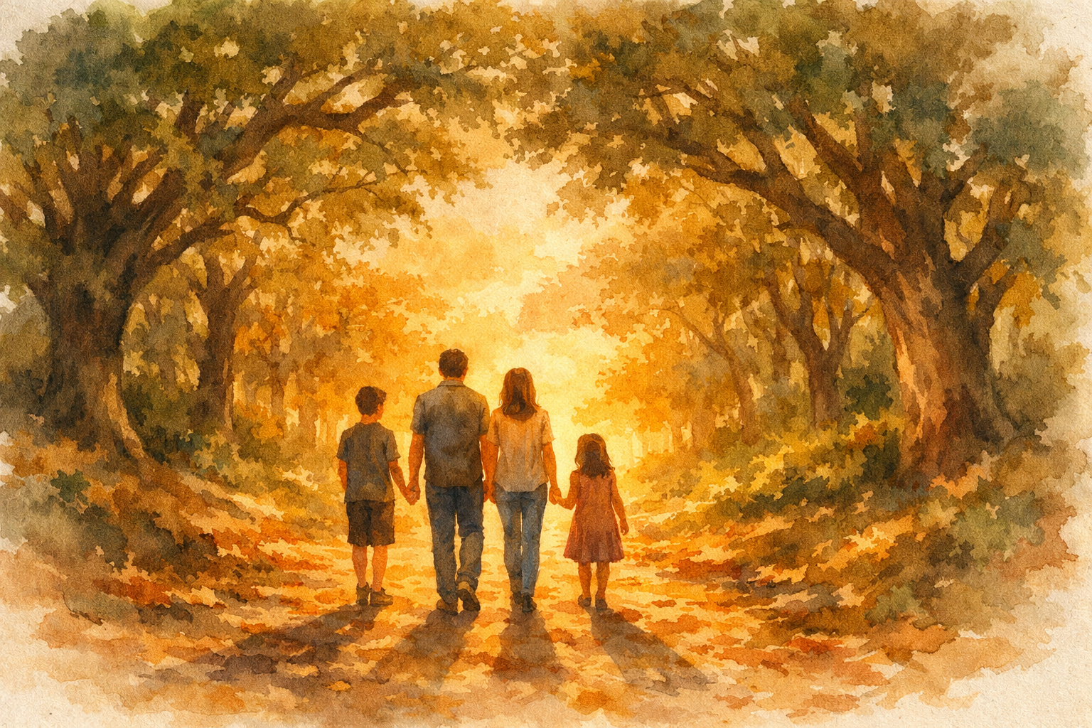 A family walking together toward the horizon
