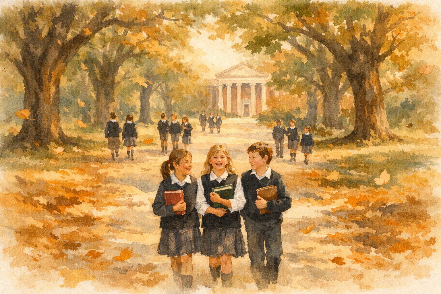 Students walking along a tree-lined campus path
