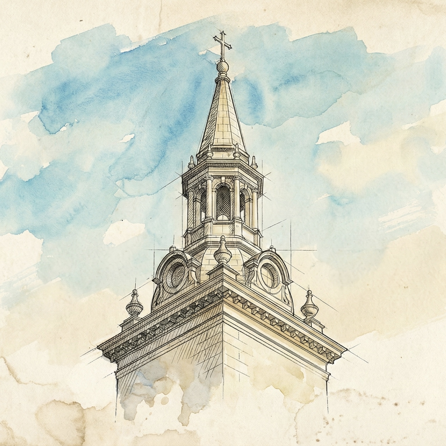 Watercolor of a church steeple reaching skyward